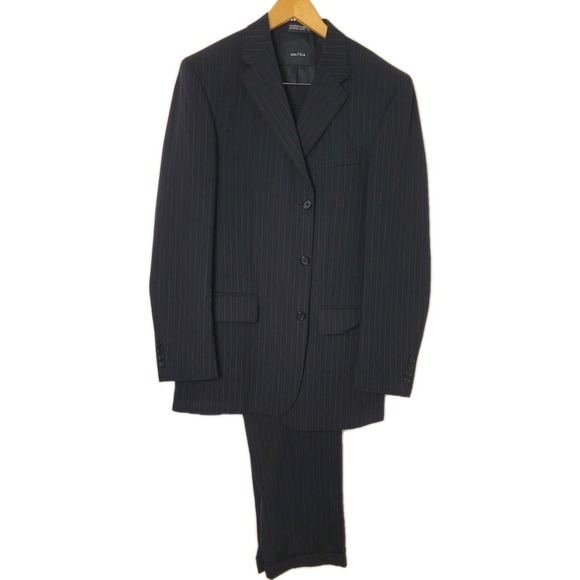 Nautica 2 Piece Suit 42L Navy Pinstripe‎ Jacket Pant 33x33 Pleated Cuff Wool
